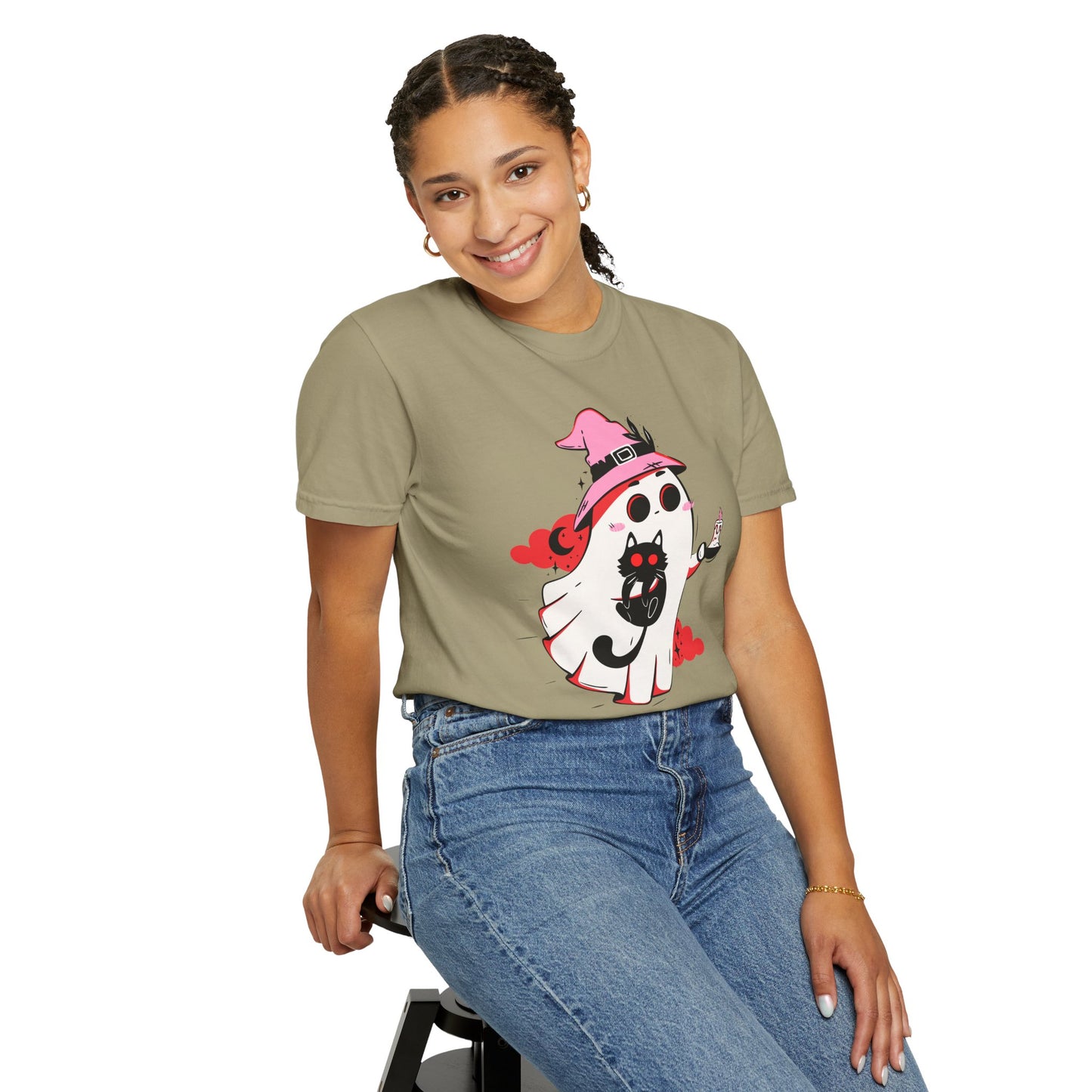 Ghostly Glam T-Shirt - Witchy Whimsy with Cat Companion
