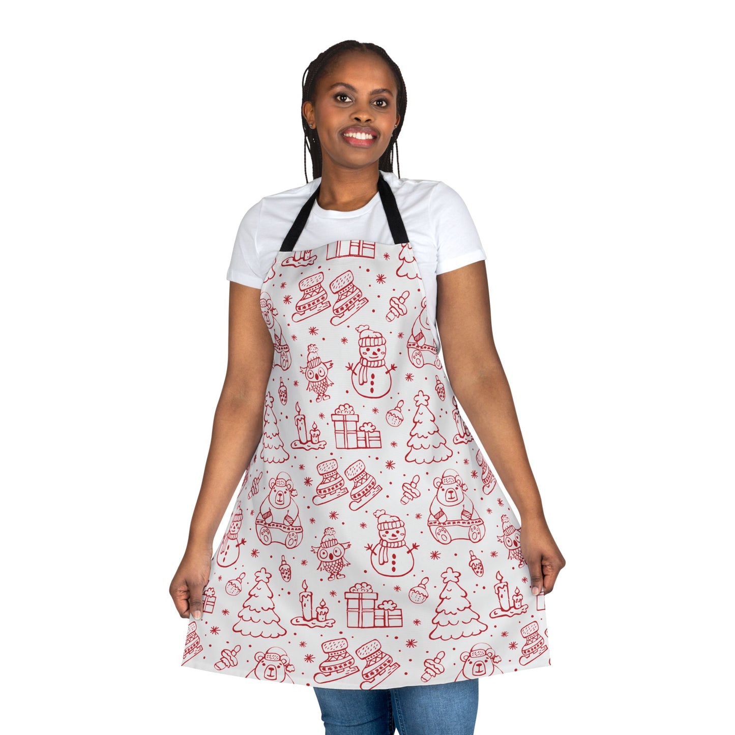Festive Christmas Apron with Red Holiday Illustrations and Adjustable Straps