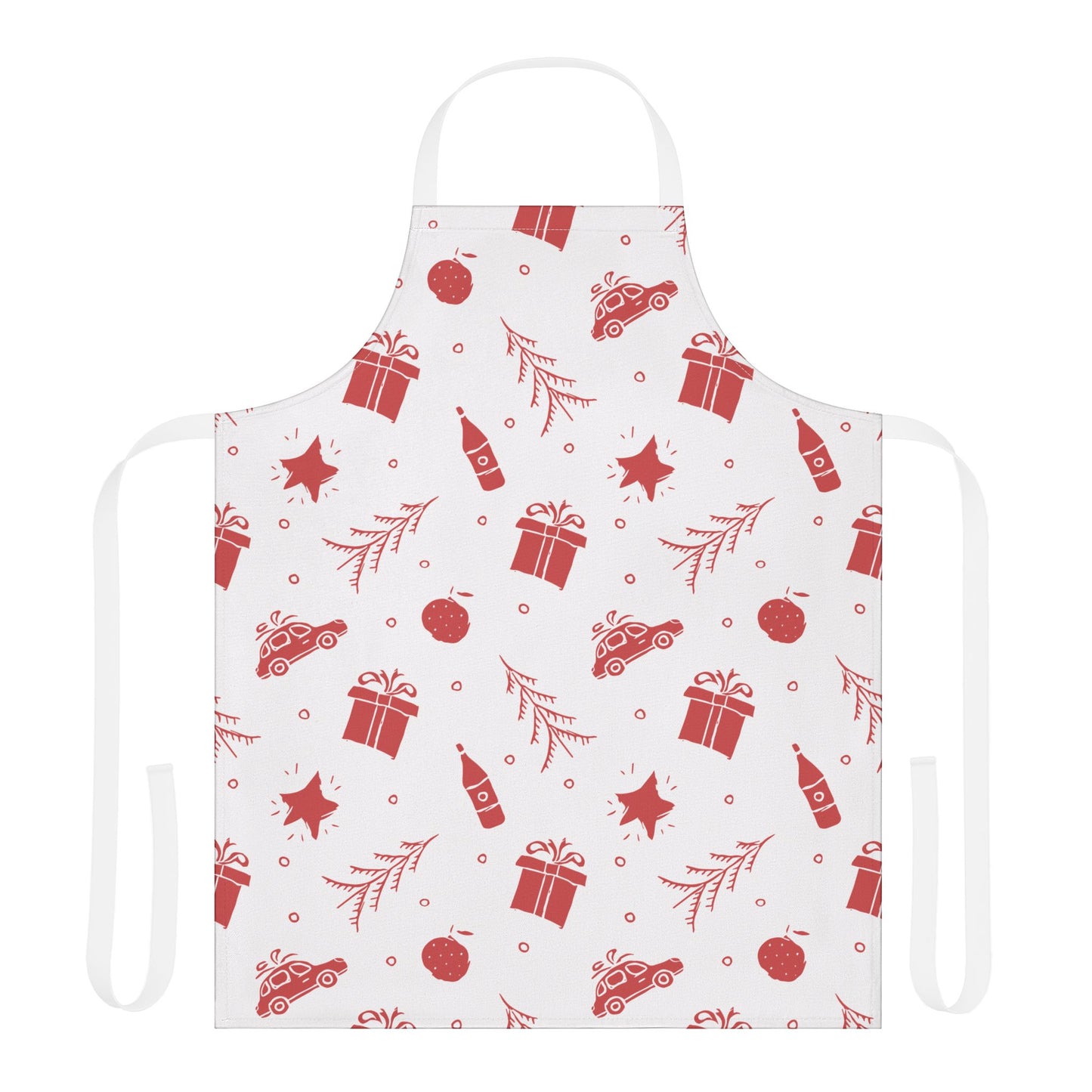 White Christmas Apron with Red Holiday Illustrations and Festive Motifs