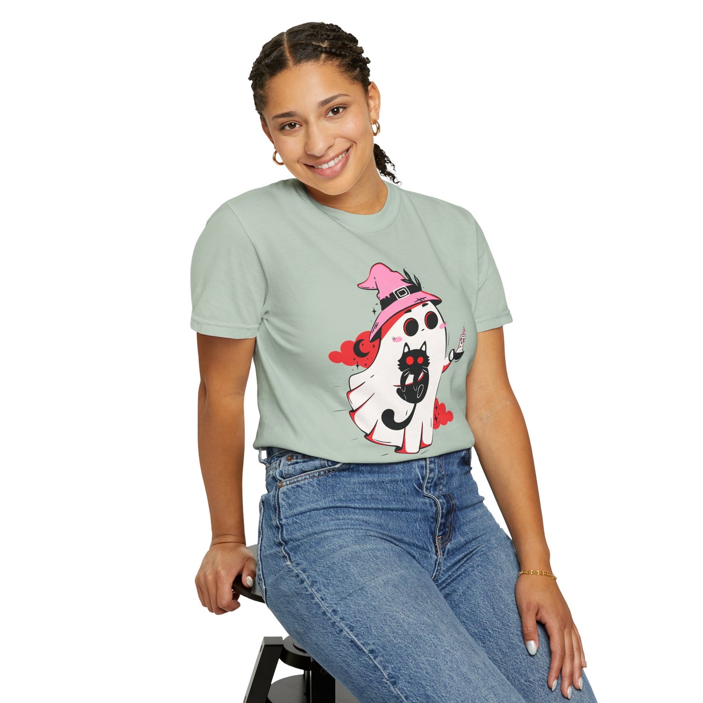 Ghostly Glam T-Shirt - Witchy Whimsy with Cat Companion