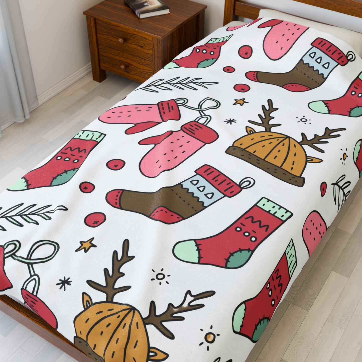 Holiday Print Velveteen Plush Blanket – Reindeer, Mittens & Stockings Design