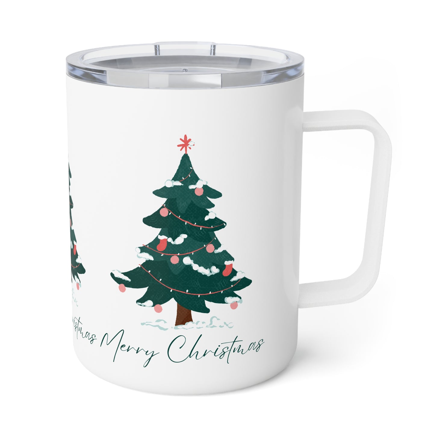 10oz Insulated Travel Mug – Christmas Tree Design with “Merry Christmas” – Holiday Gift for Adventurers & Coffee Lovers