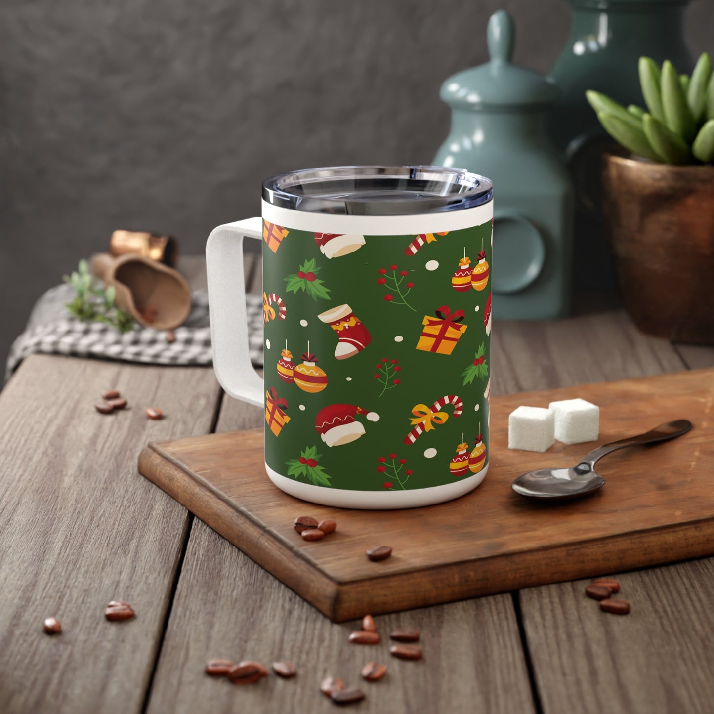 10oz Stainless Steel Travel Mug with Christmas Icons – Holiday Gift for Festive Coffee Lovers