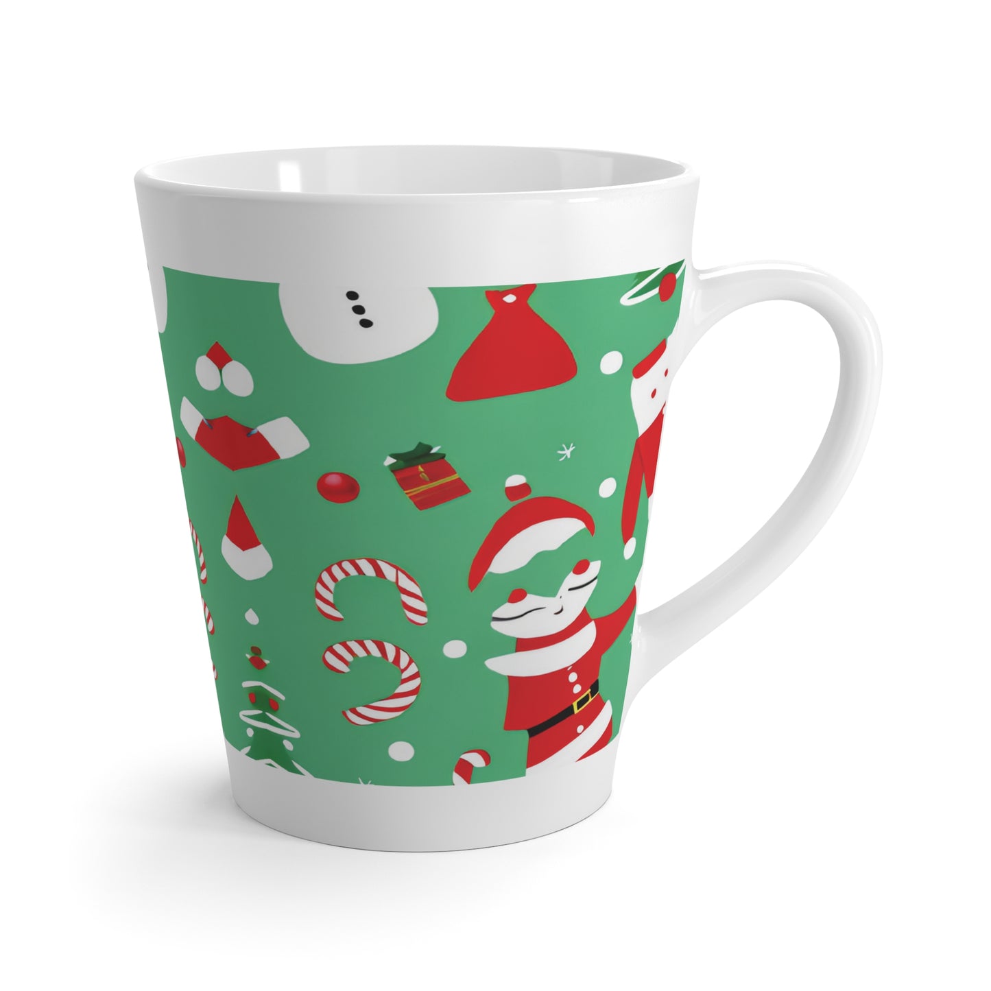 Latte Mug – Green Christmas Design with Santa, Candy Canes & Snowflakes – Festive Gift for Latte Lovers