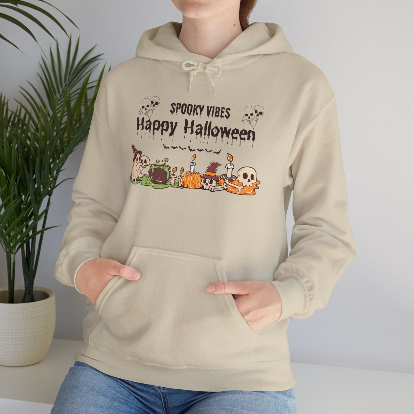 Spooky Vibes” Halloween Hoodie – Ghosts, Cauldrons & Cozy Curses