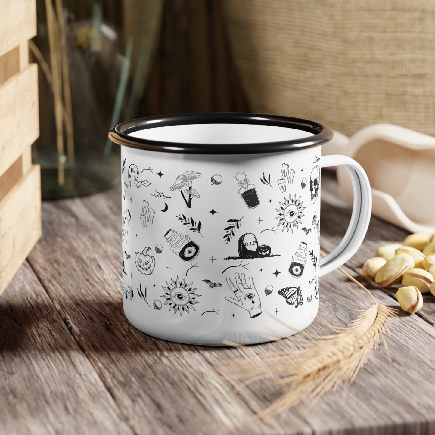 Mystical Skull Enamel Camp Cup – Black Illustration Design