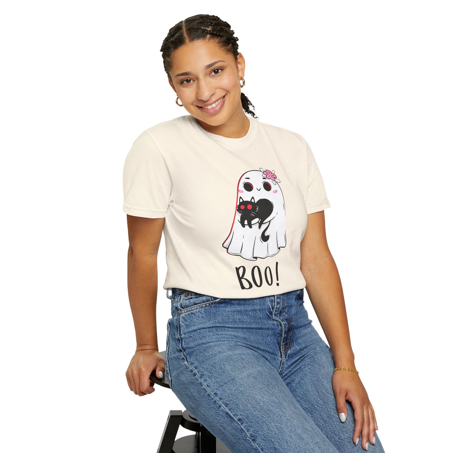 BOO Buddies Tee – Ghost & Cat Duo with Floral Charm