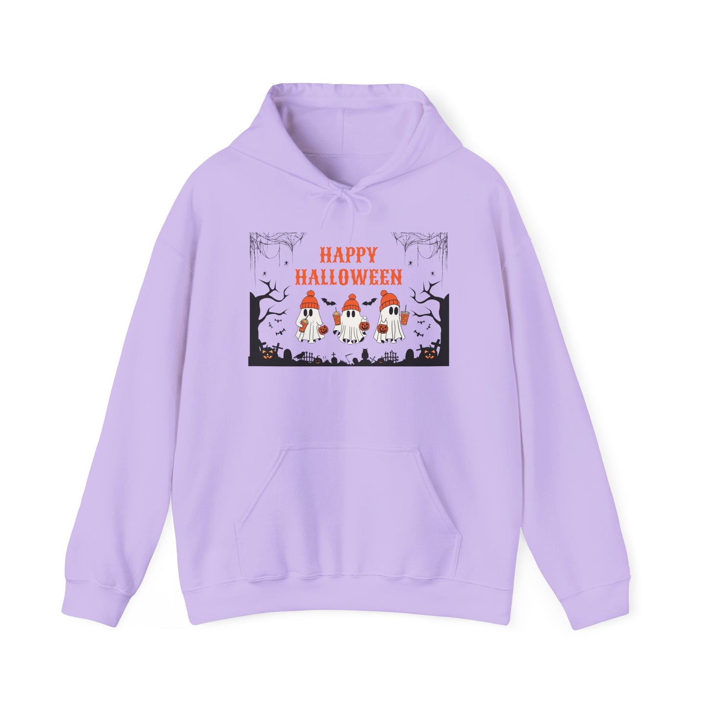 Happy Halloween” Ghost Hoodie – Pumpkin Parade in Haunted Forest