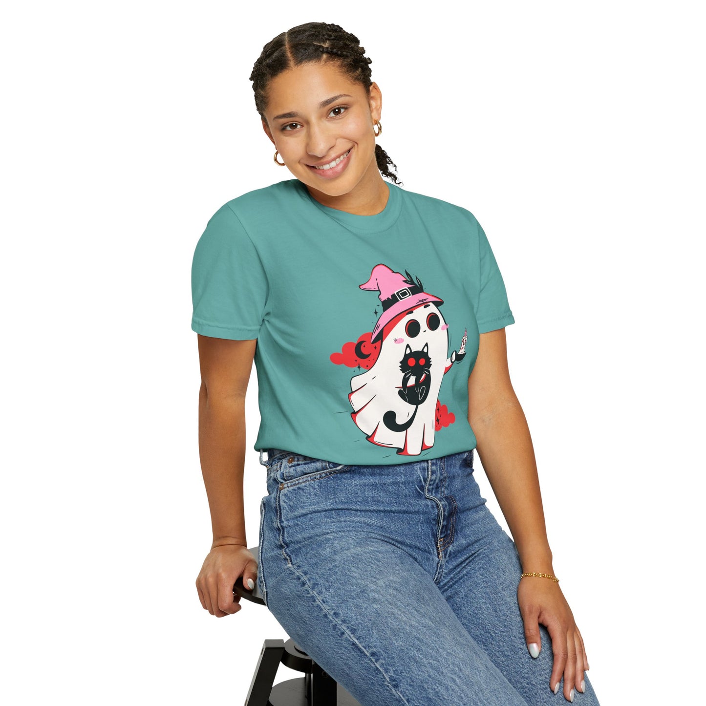 Ghostly Glam T-Shirt - Witchy Whimsy with Cat Companion