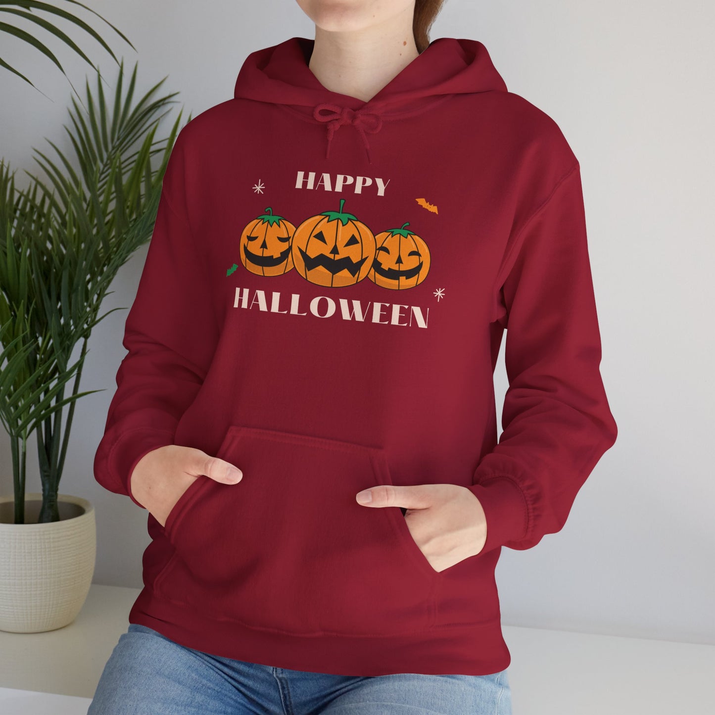 Happy Halloween" Pumpkin Trio Hoodie – Festive & Cozy for Spooky Season