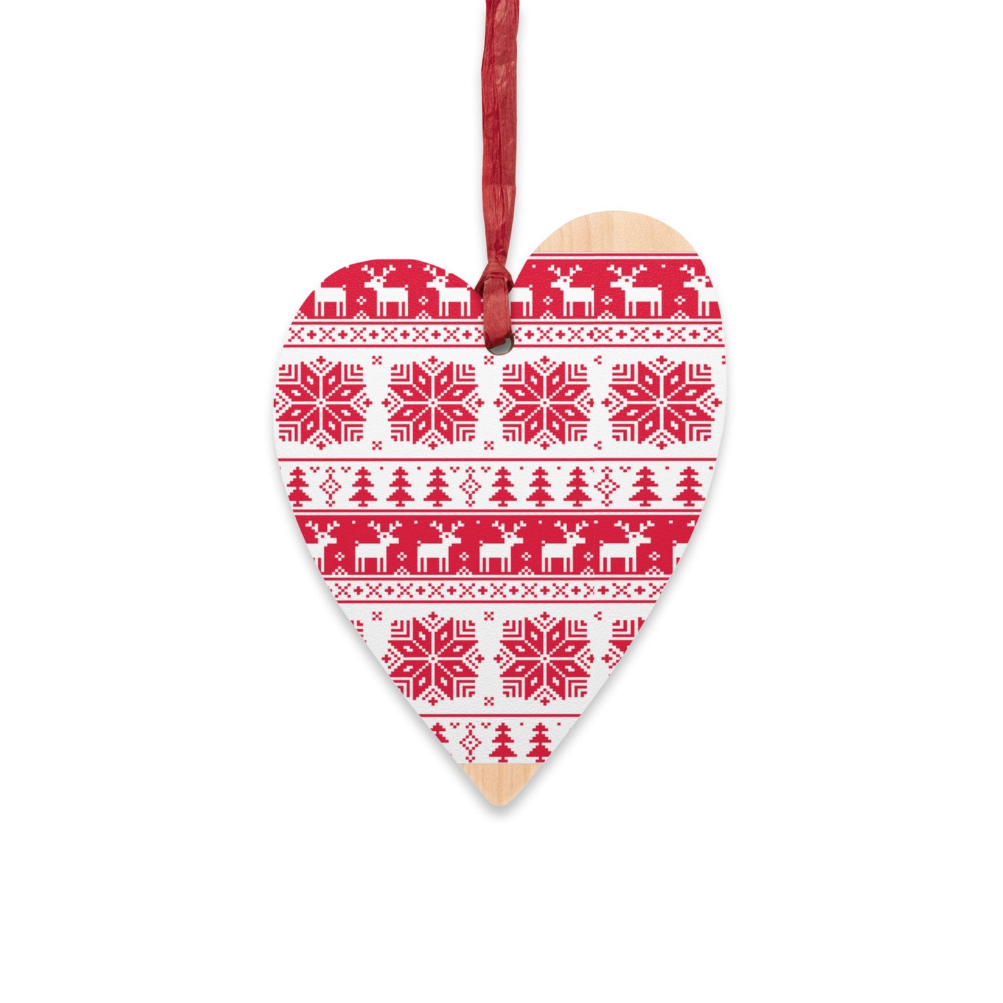Nordic Bell-Shaped Wooden Ornament – Red & White Reindeer Pattern – Magnetic Holiday Decor with Ribbon