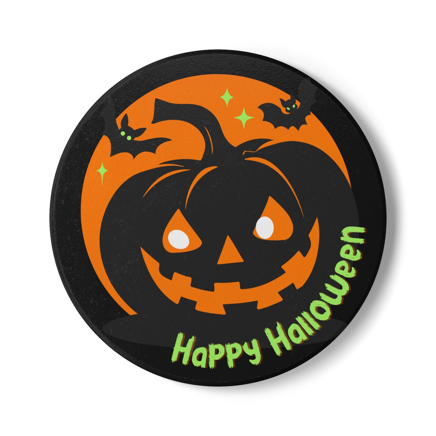 Happy Halloween Ceramic Coaster – Smiling Jack-O’-Lantern with Bats and Stars