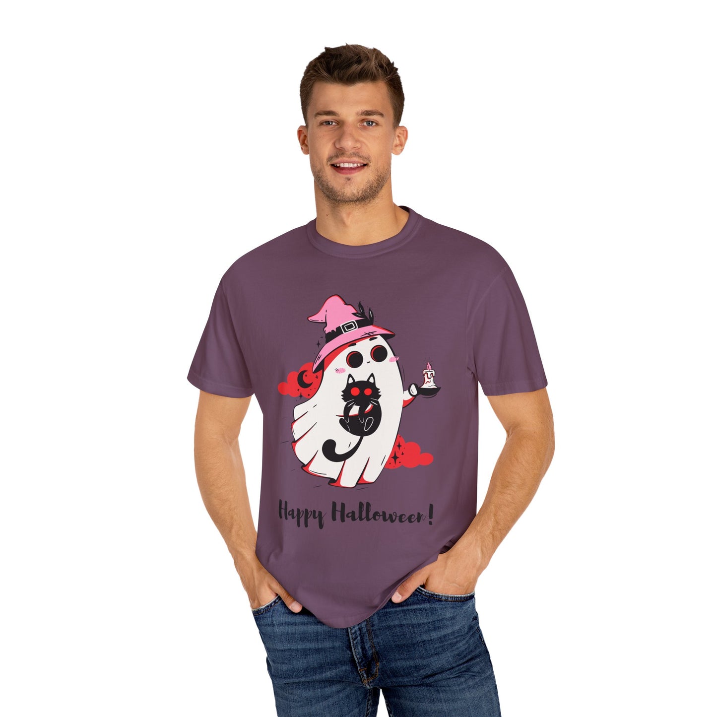 Ghostly Glam T-Shirt - Witchy Whimsy with Cat Companion