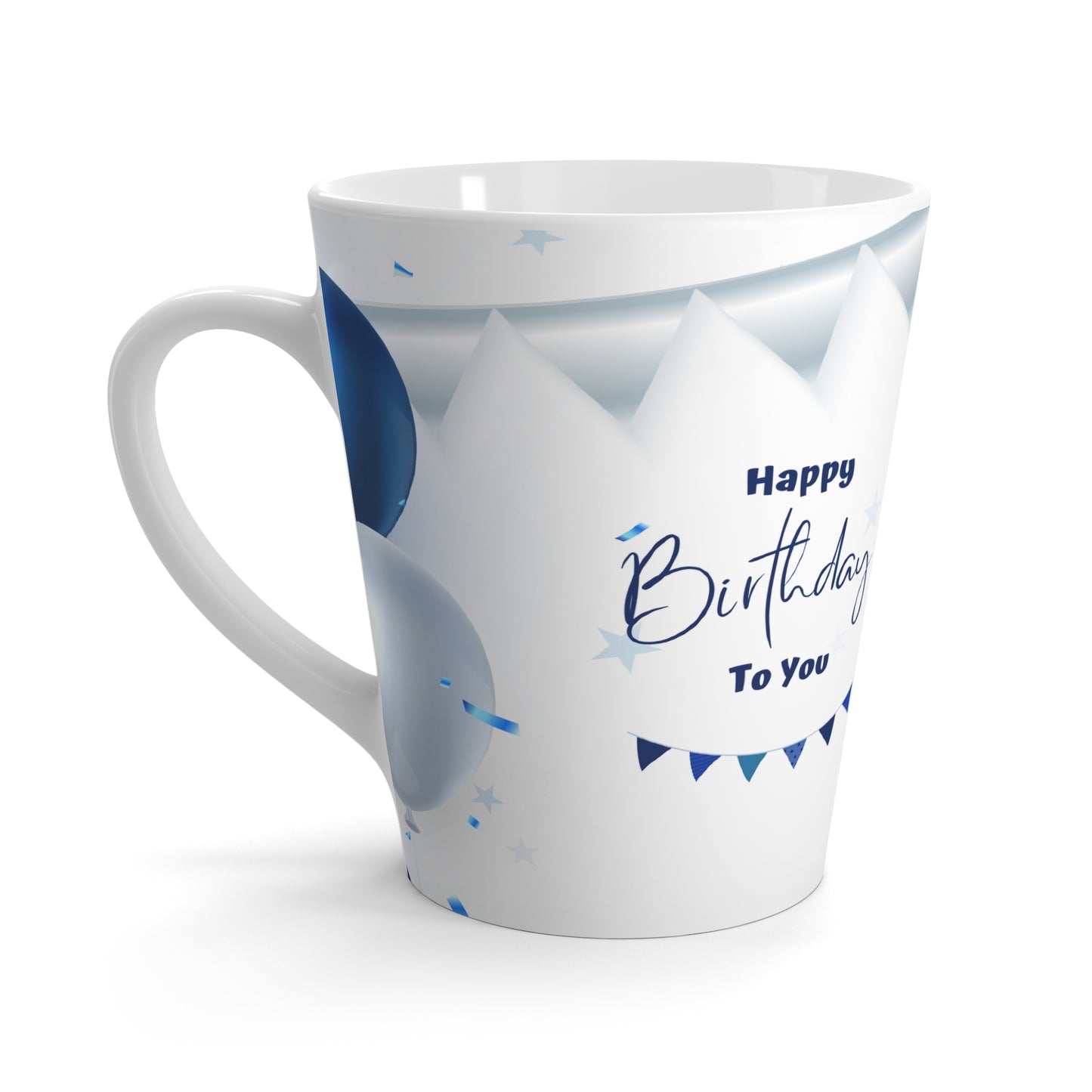 Happy Birthday Latte Mug – Blue Balloon & Banner Design, Ceramic Coffee Cup Gift
