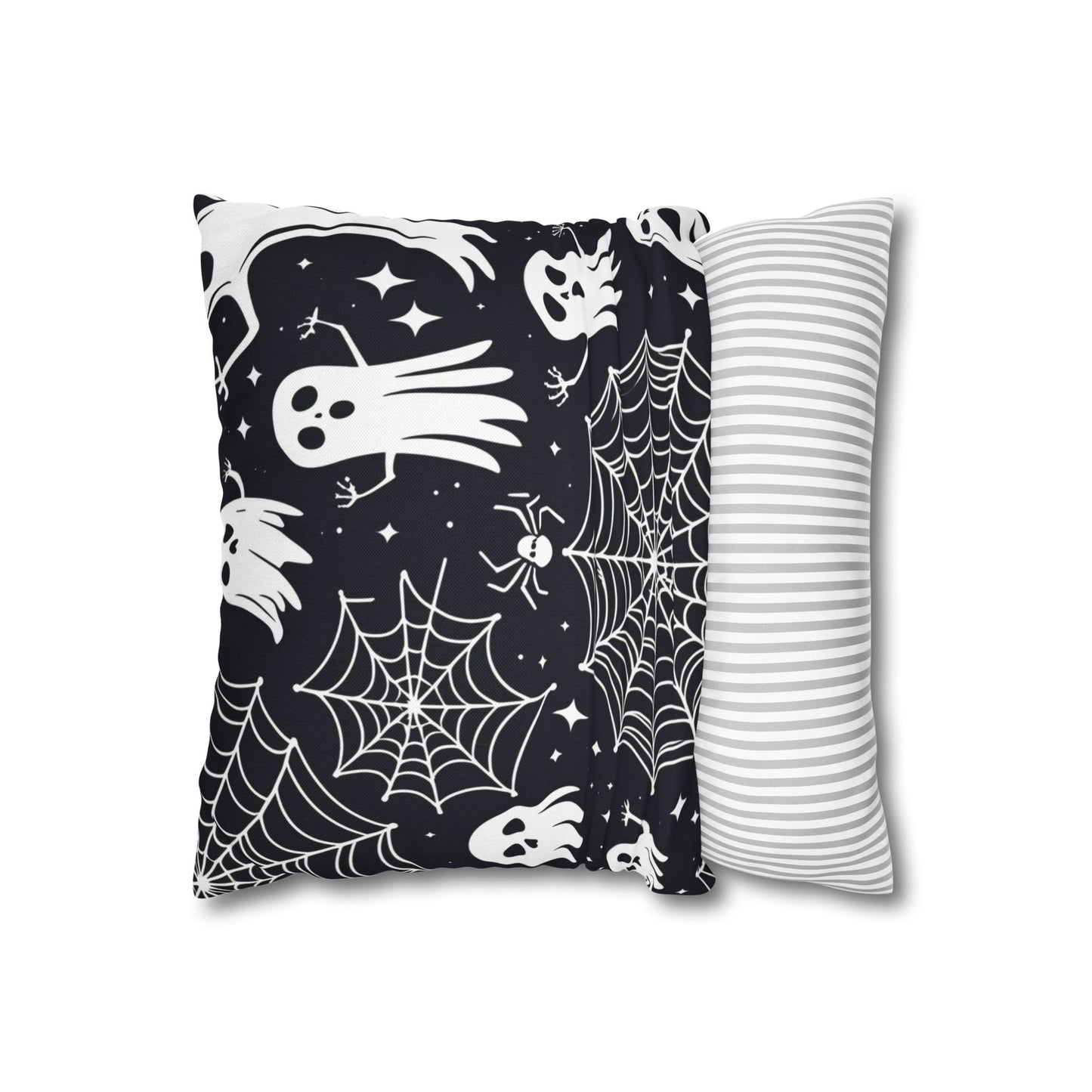 Spooky Halloween Ghost Pillow Cover – Black Throw Pillow with Spiderwebs & Cute Ghosts – Haunted House Decor for Halloween Couch or Bed