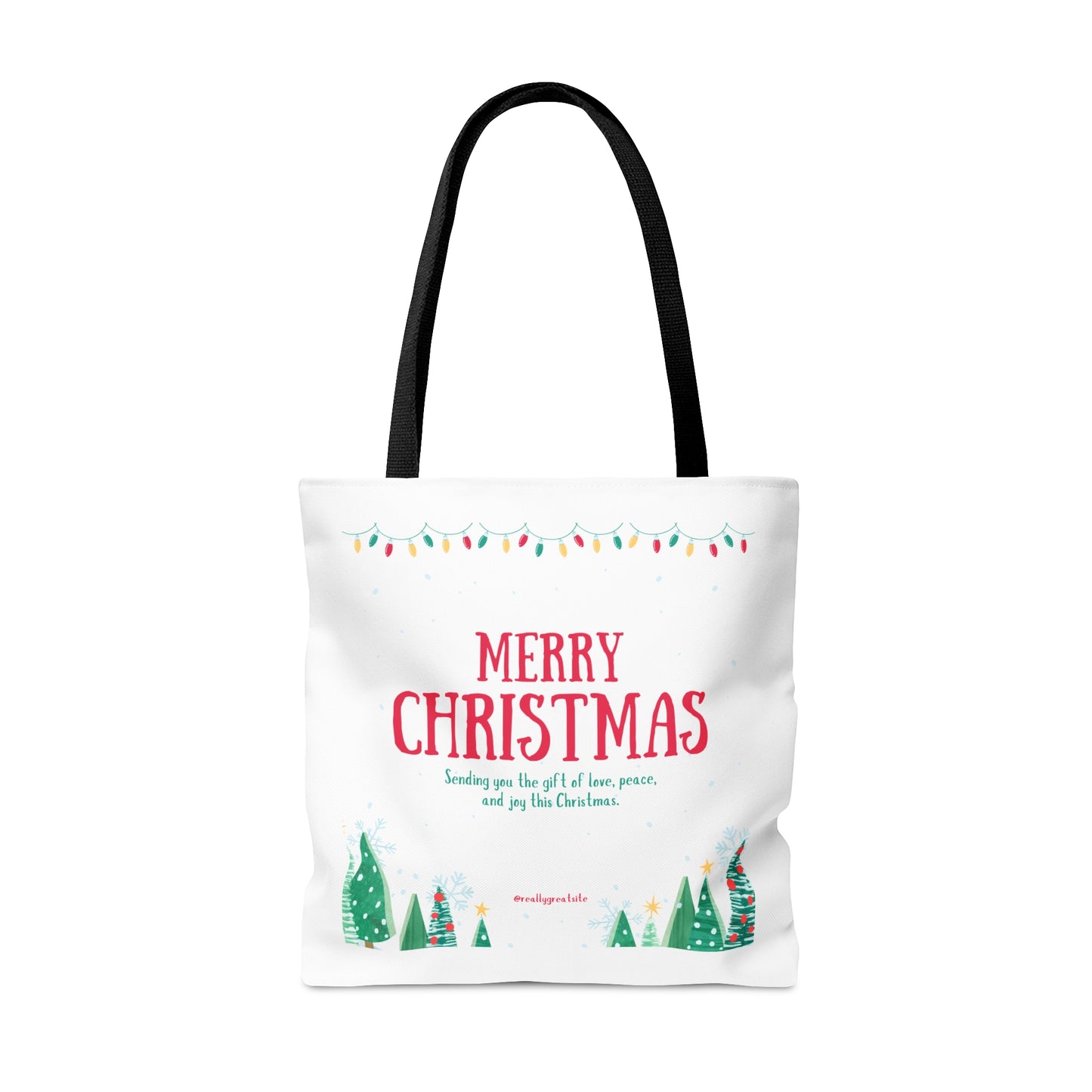 Tote Bag – “MERRY CHRISTMAS” with Lights, Tree Row & Holiday Message – Gift for Festive Errands & Seasonal Cheer