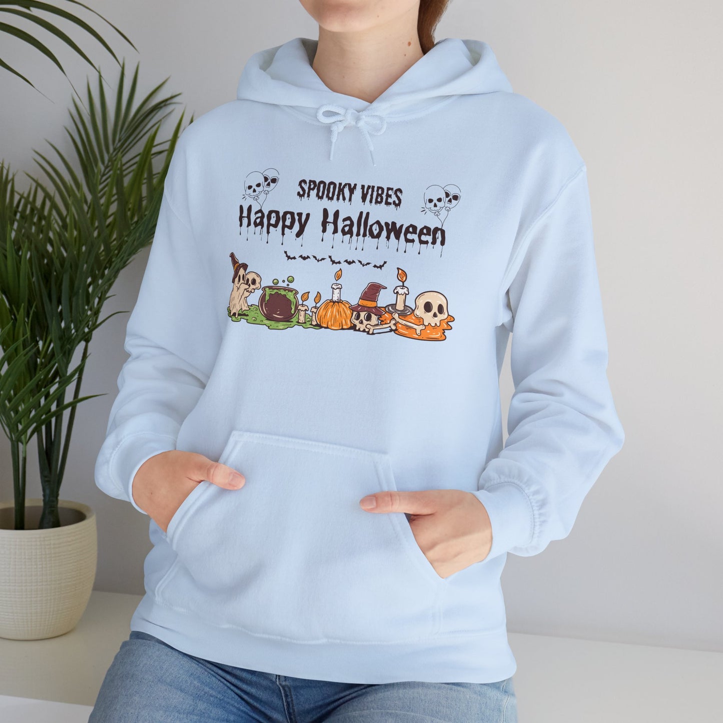 Spooky Vibes” Halloween Hoodie – Ghosts, Cauldrons & Cozy Curses
