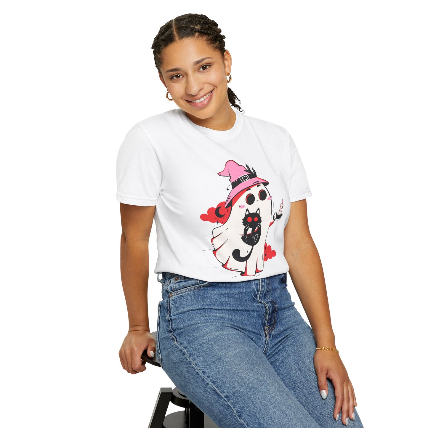 Ghostly Glam T-Shirt - Witchy Whimsy with Cat Companion