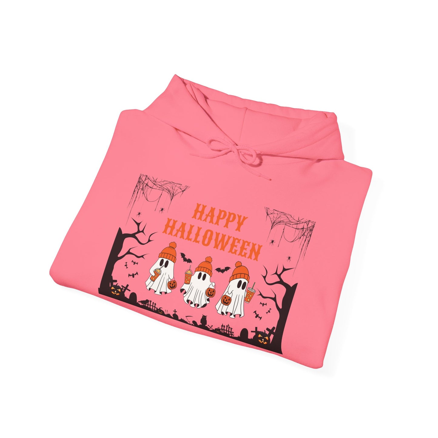 Happy Halloween” Ghost Hoodie – Pumpkin Parade in Haunted Forest