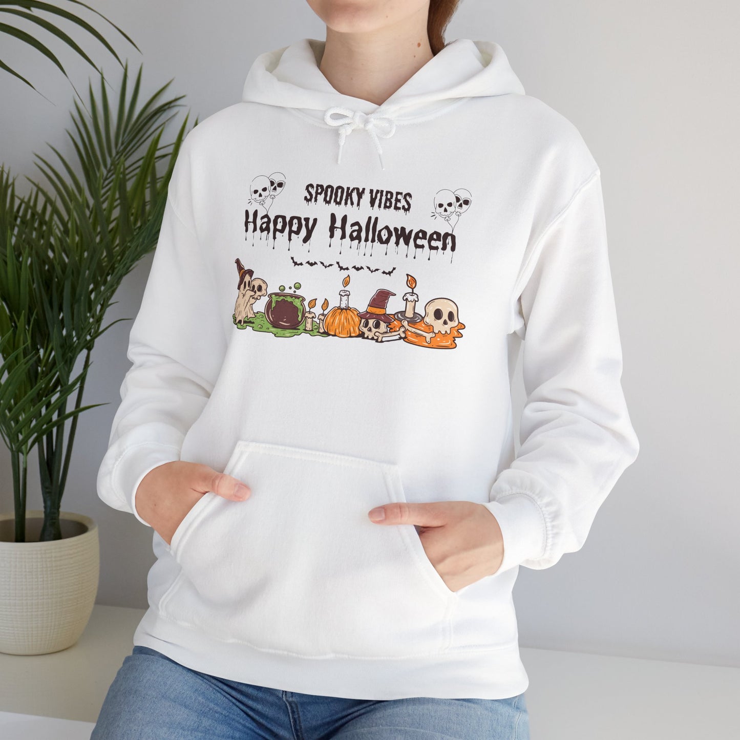 Spooky Vibes” Halloween Hoodie – Ghosts, Cauldrons & Cozy Curses