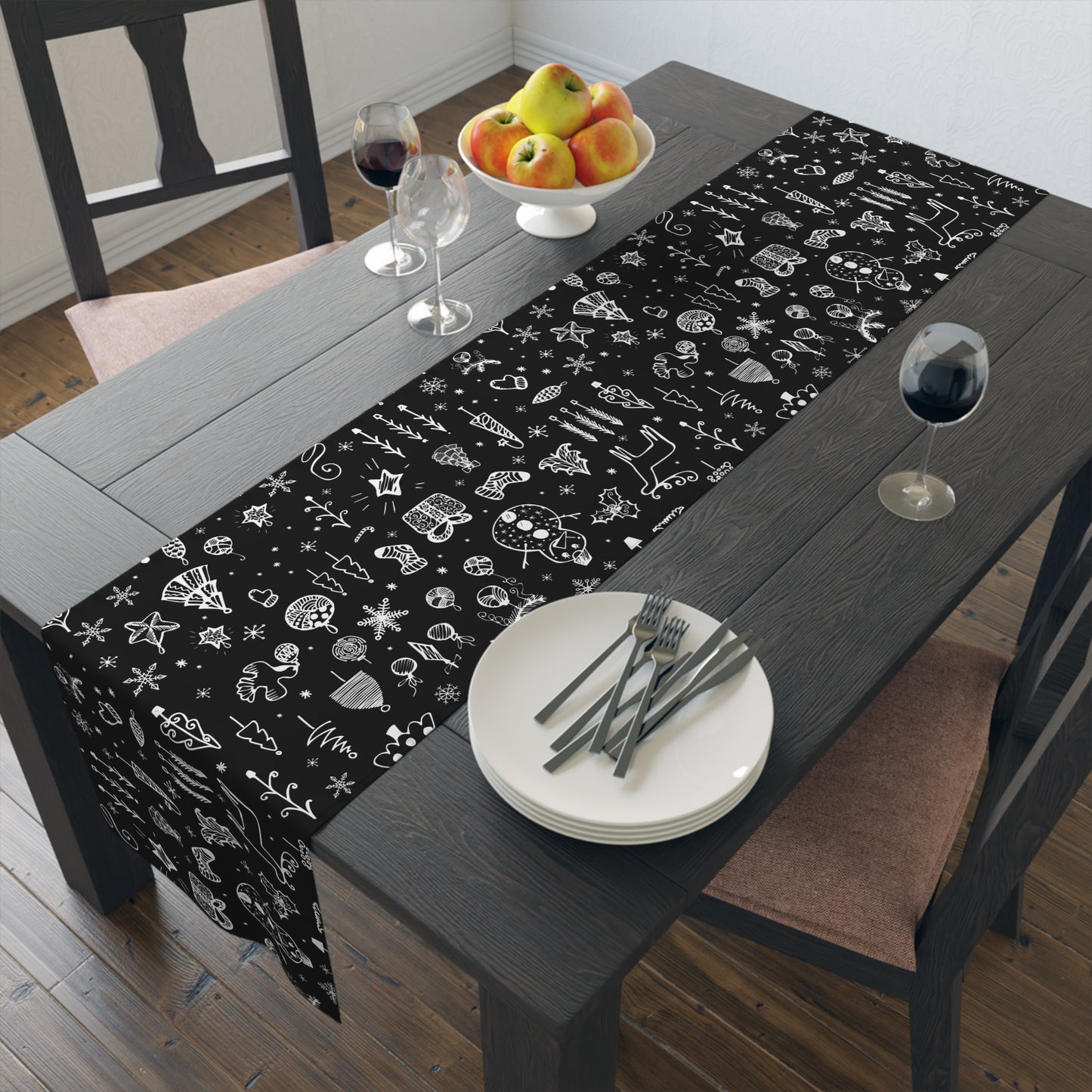 Christmas Table Runner – Black & White Christmas Icons – Holiday Dining Decor & Winter Gift