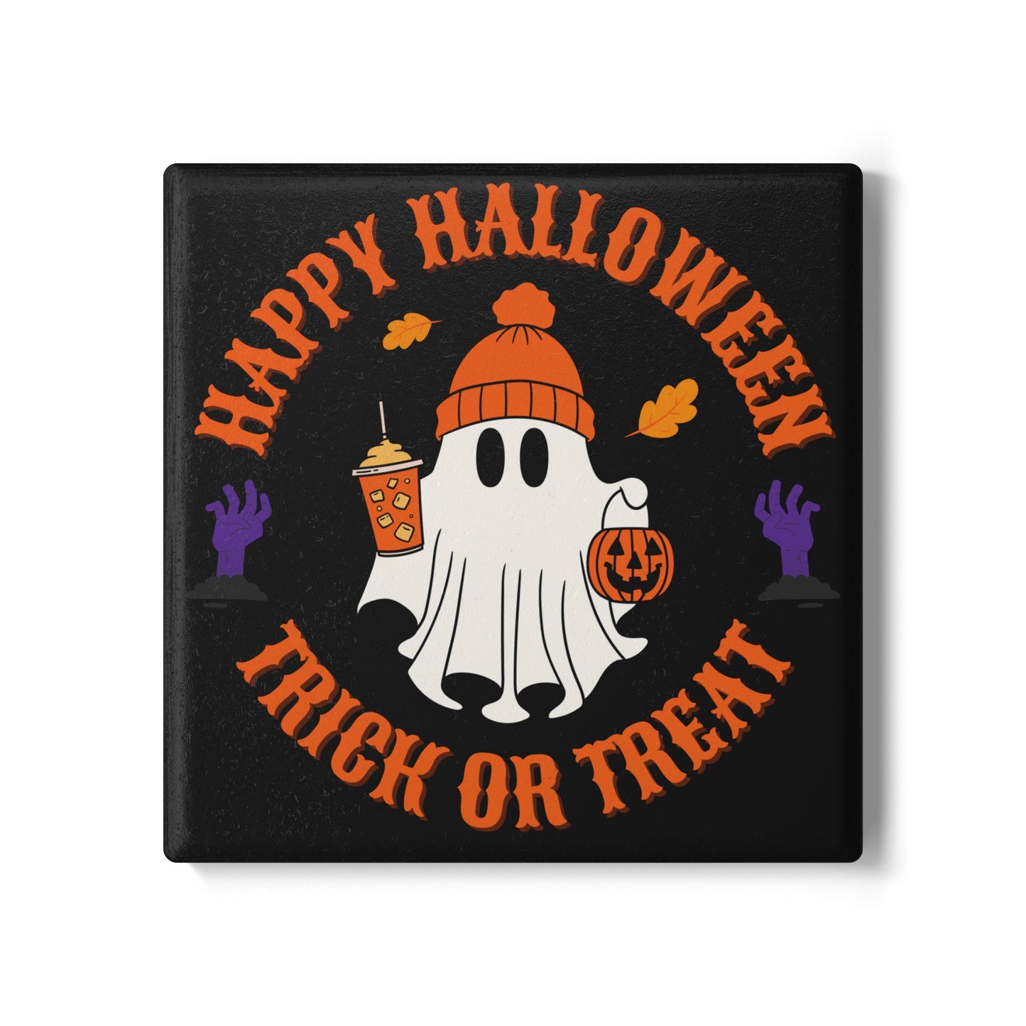 Happy Halloween Ceramic Coaster – Cute Ghost with Pumpkin and Trick or Treat Text