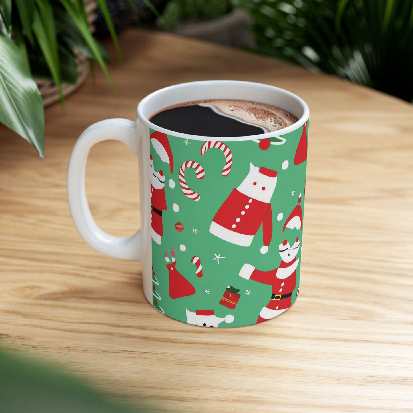 Ceramic Mug – Green Christmas Design with Santa, Candy Canes & Gifts – Holiday Gift for Coffee & Cocoa Lovers