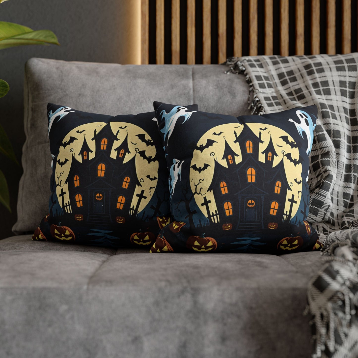 Haunted House Halloween Pillowcase with Ghosts, Bats & Pumpkins – Spooky Throw Pillow Cover for Halloween Home Decor