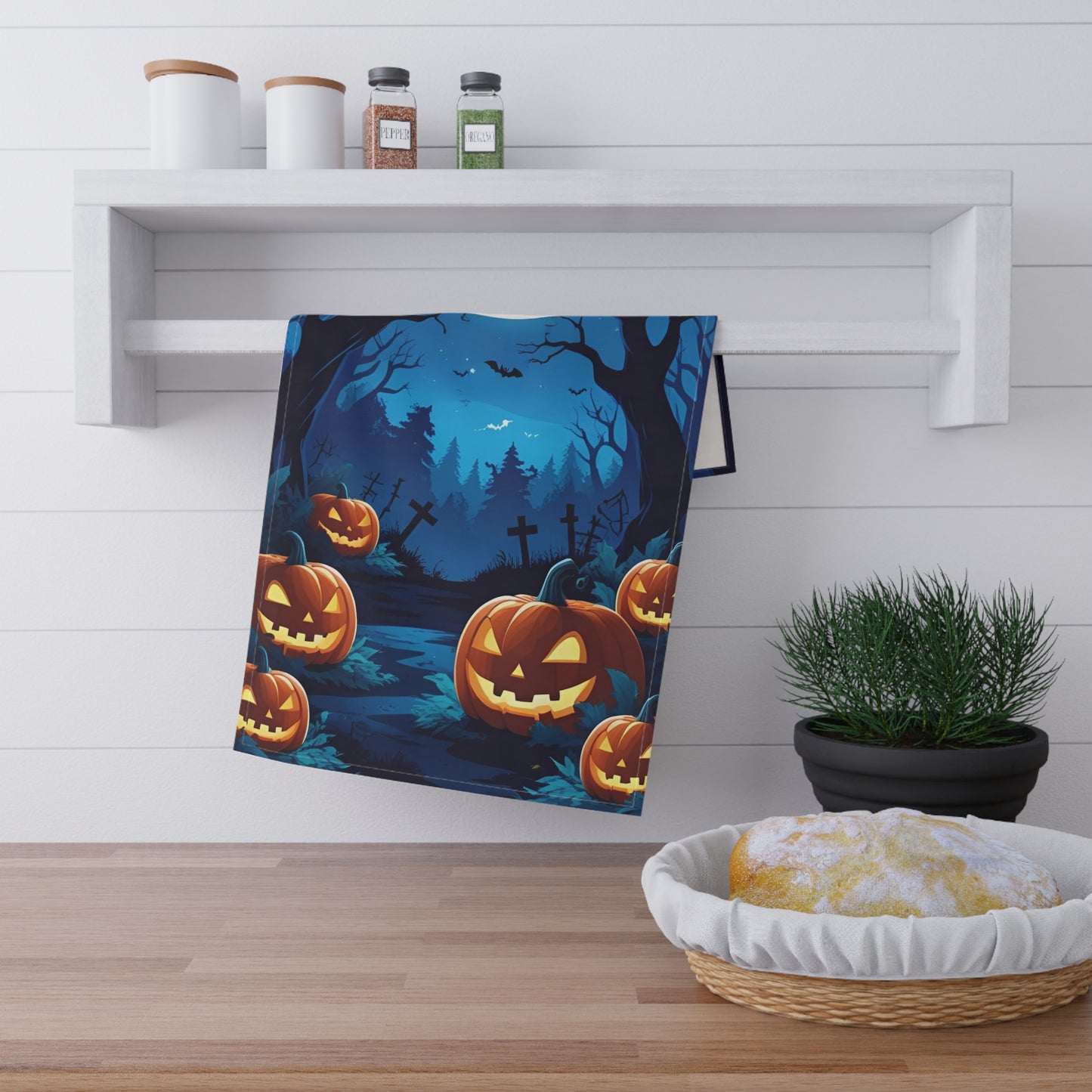 Full Moon Halloween Tea Towel – Spooky Graveyard with Jack-O’-Lanterns