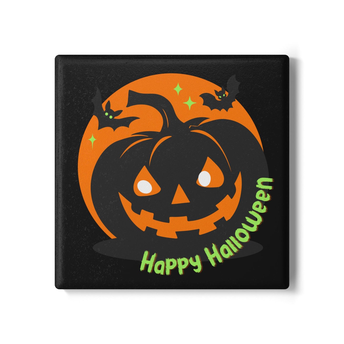 Happy Halloween Ceramic Coaster – Smiling Jack-O’-Lantern with Bats and Stars