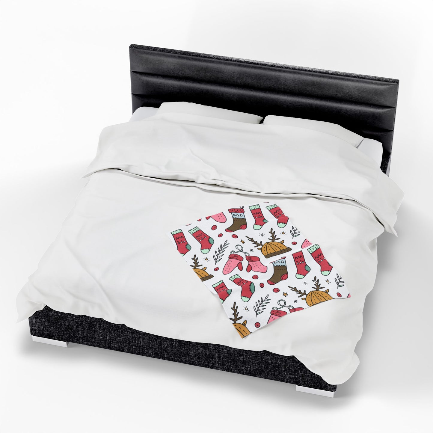 Holiday Print Velveteen Plush Blanket – Reindeer, Mittens & Stockings Design