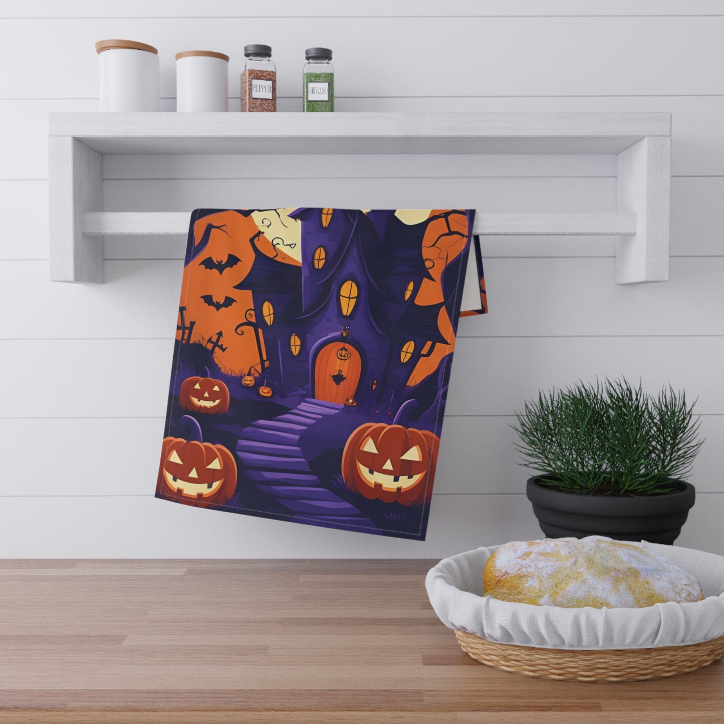 Haunted Mansion Halloween Tea Towel – Whimsical Jack-O’-Lantern Design