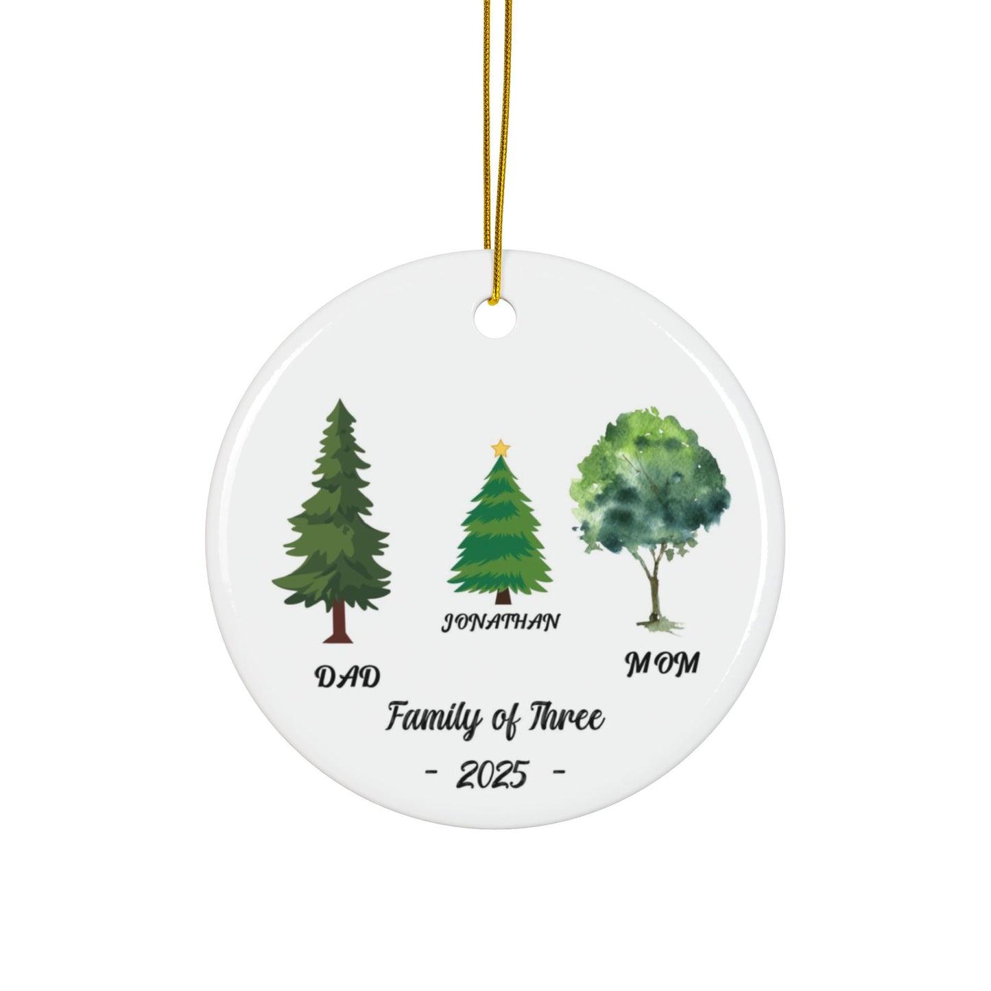 Family of Three Christmas Ceramic Ornament, Personalized Holiday Keepsake Gift, Festive Decoration, Glossy Finish