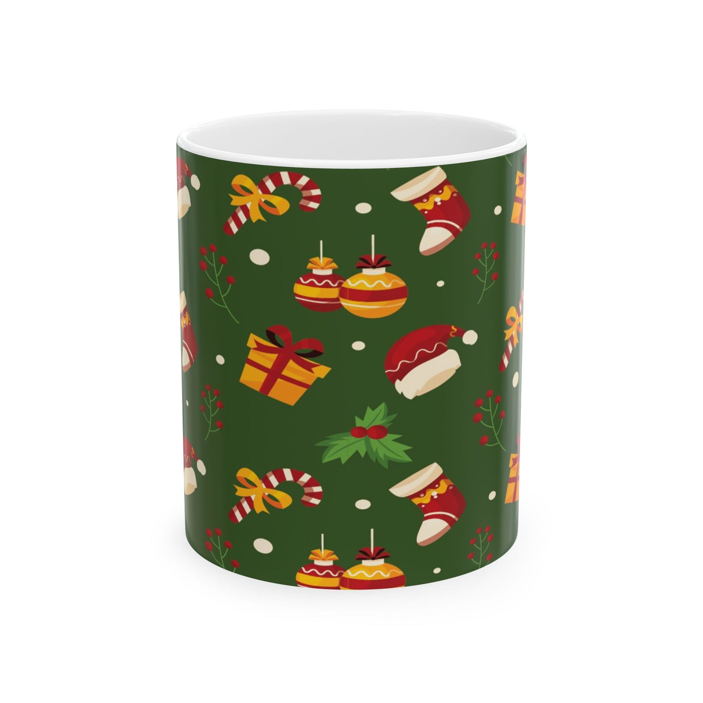 Ceramic Mug – Green Christmas Design with Gifts, Candy Canes & Holly – Festive Gift for Coffee & Cocoa Lovers