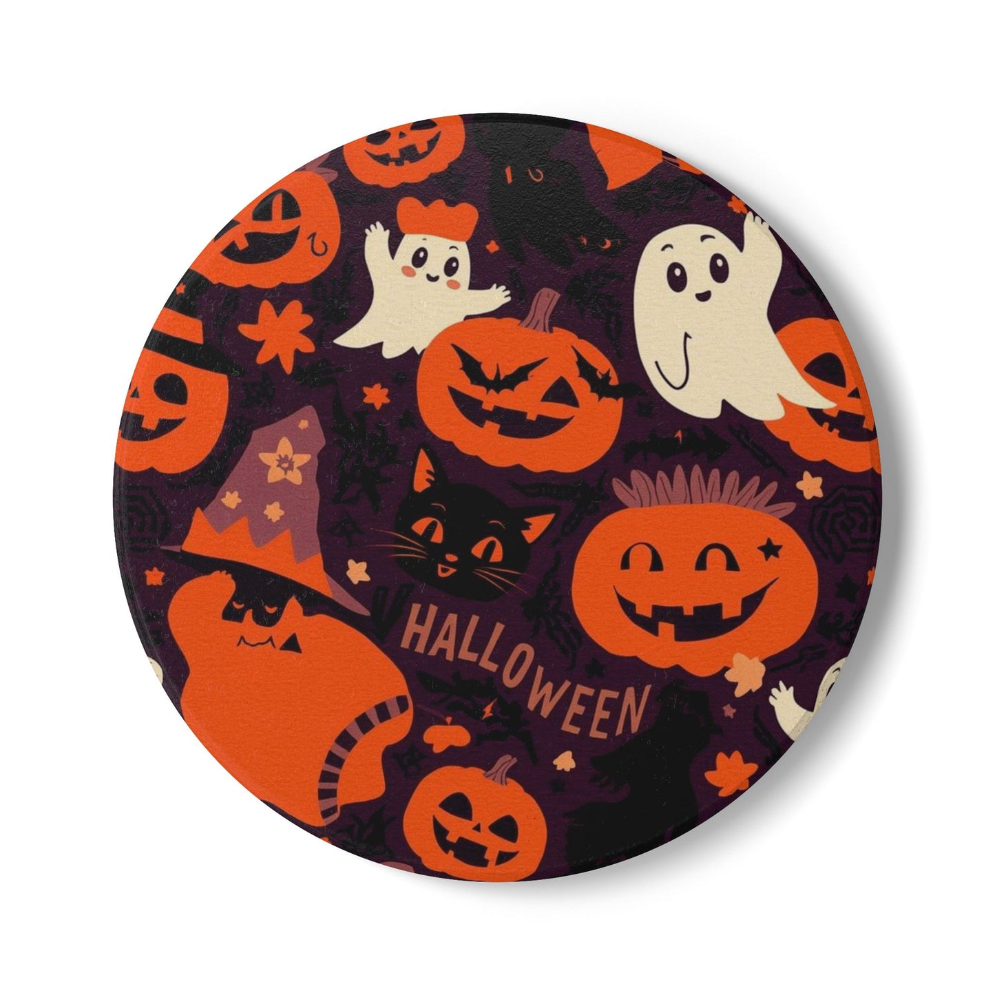 Halloween Ceramic Coaster with Pumpkins, Ghosts, Black Cat, and Witch Hat Design