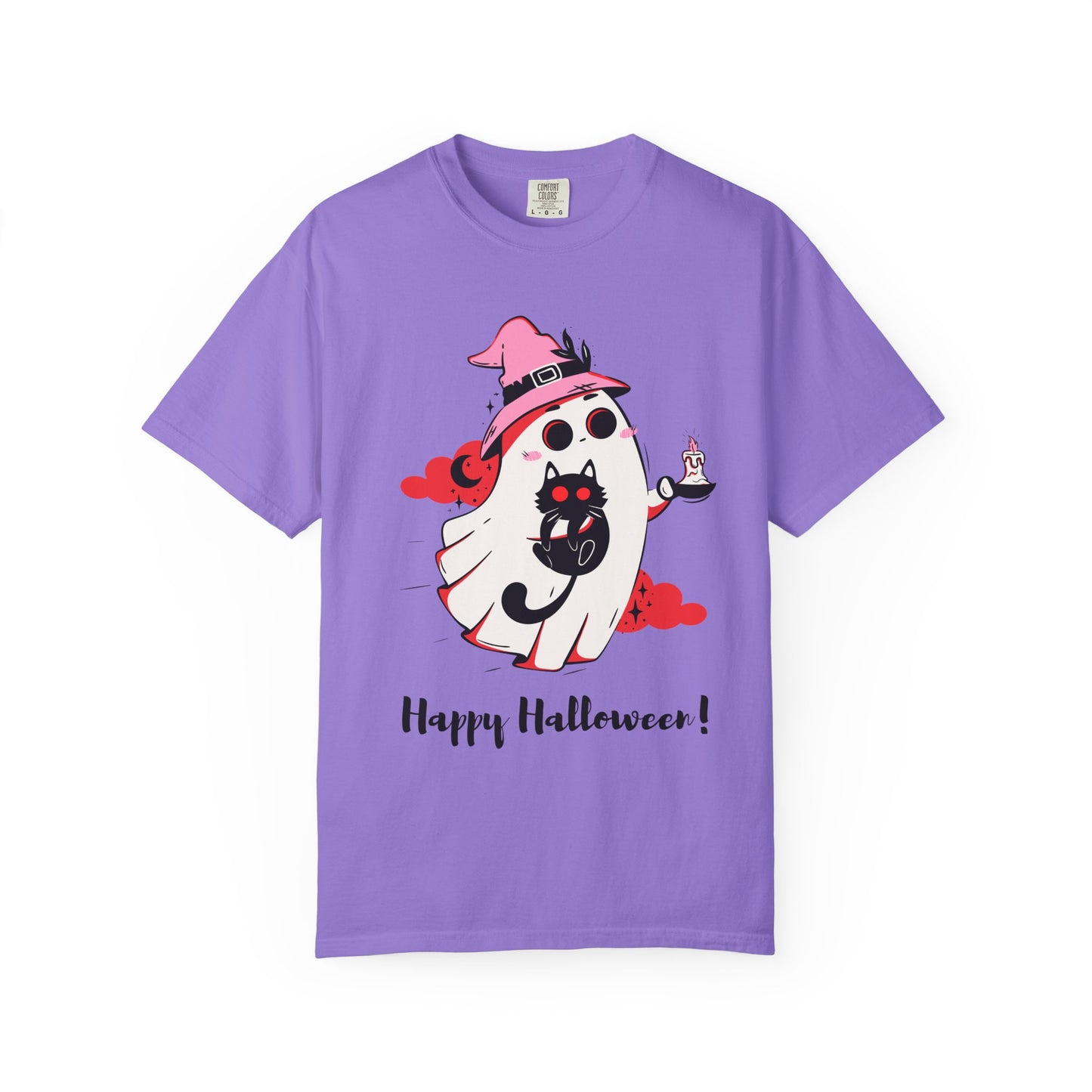 Ghostly Glam T-Shirt - Witchy Whimsy with Cat Companion