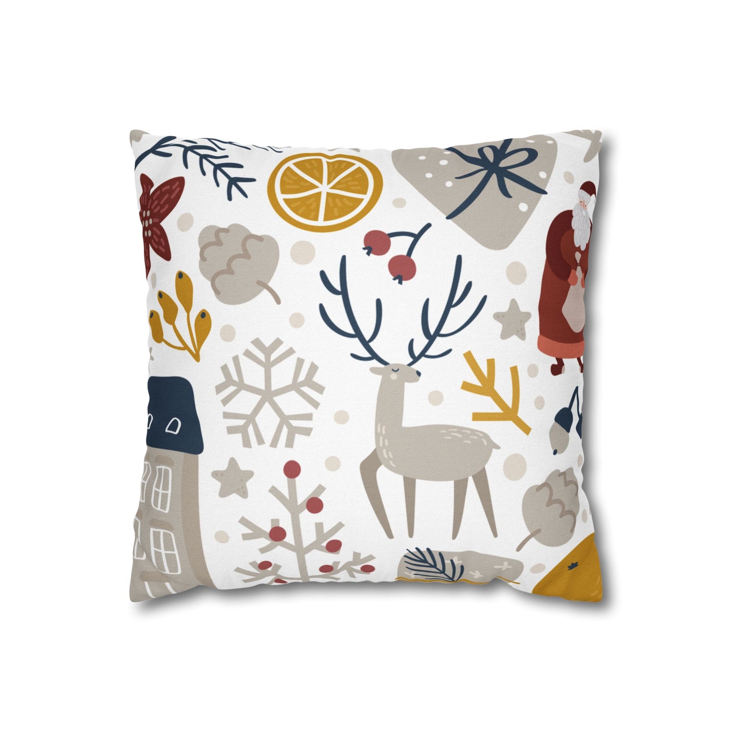 Vintage Christmas Reindeer Pillow Cover with Santa and Holiday Motifs