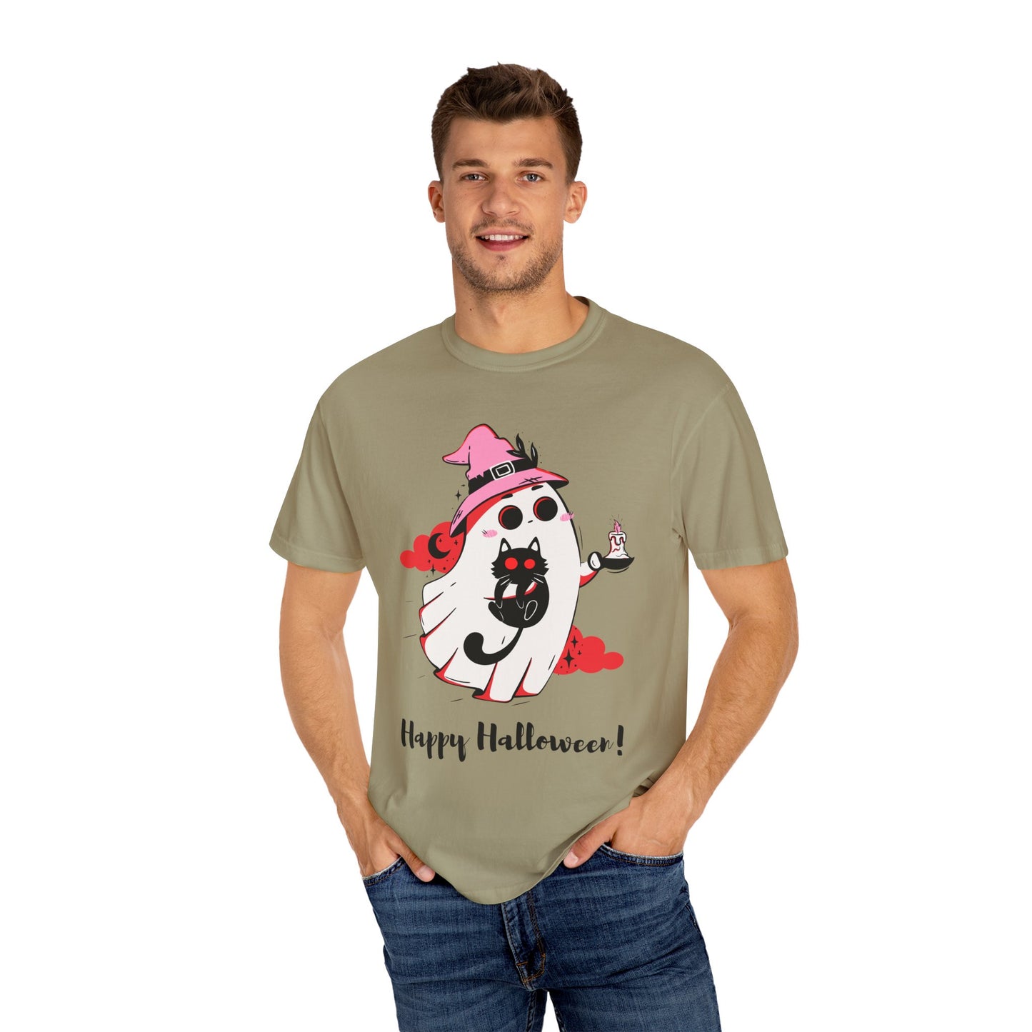 Ghostly Glam T-Shirt - Witchy Whimsy with Cat Companion