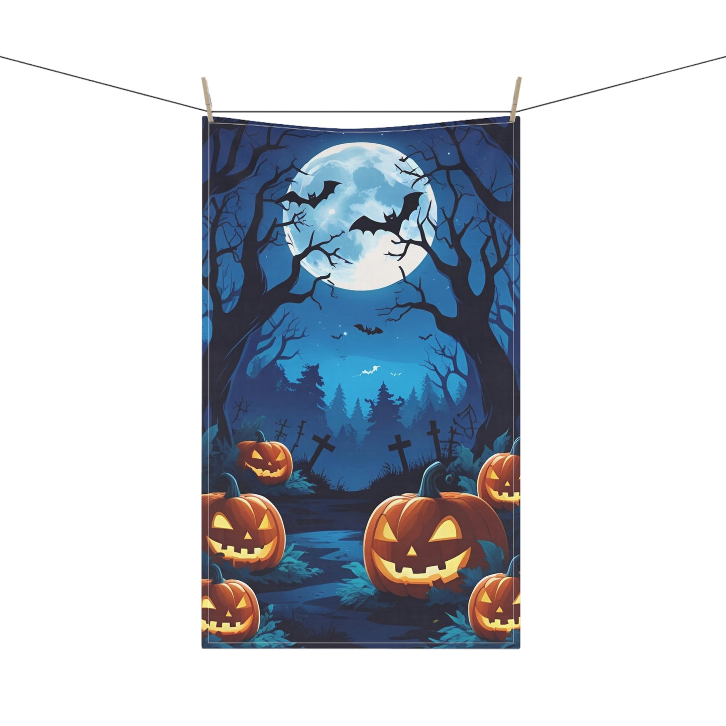 Full Moon Halloween Tea Towel – Spooky Graveyard with Jack-O’-Lanterns