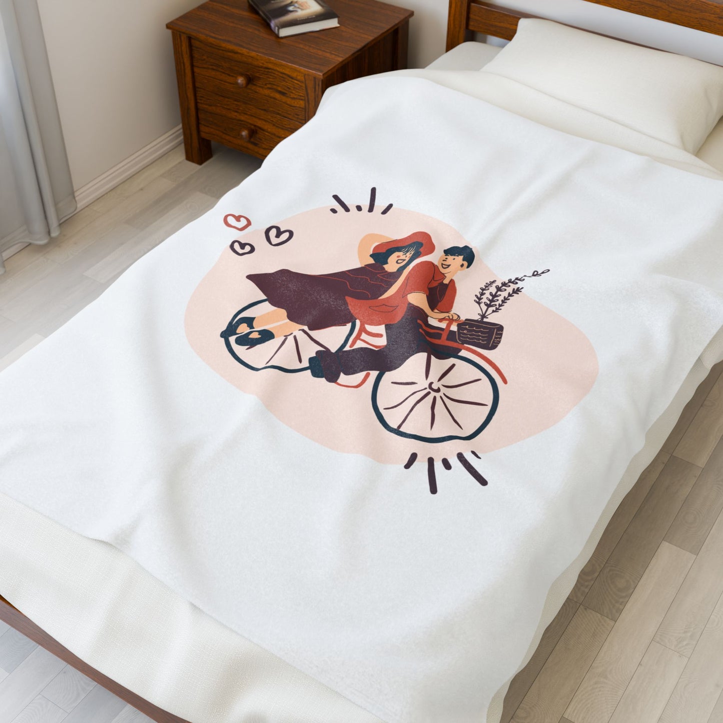 Couple on Cycle Printed Velveteen Plush Blanket