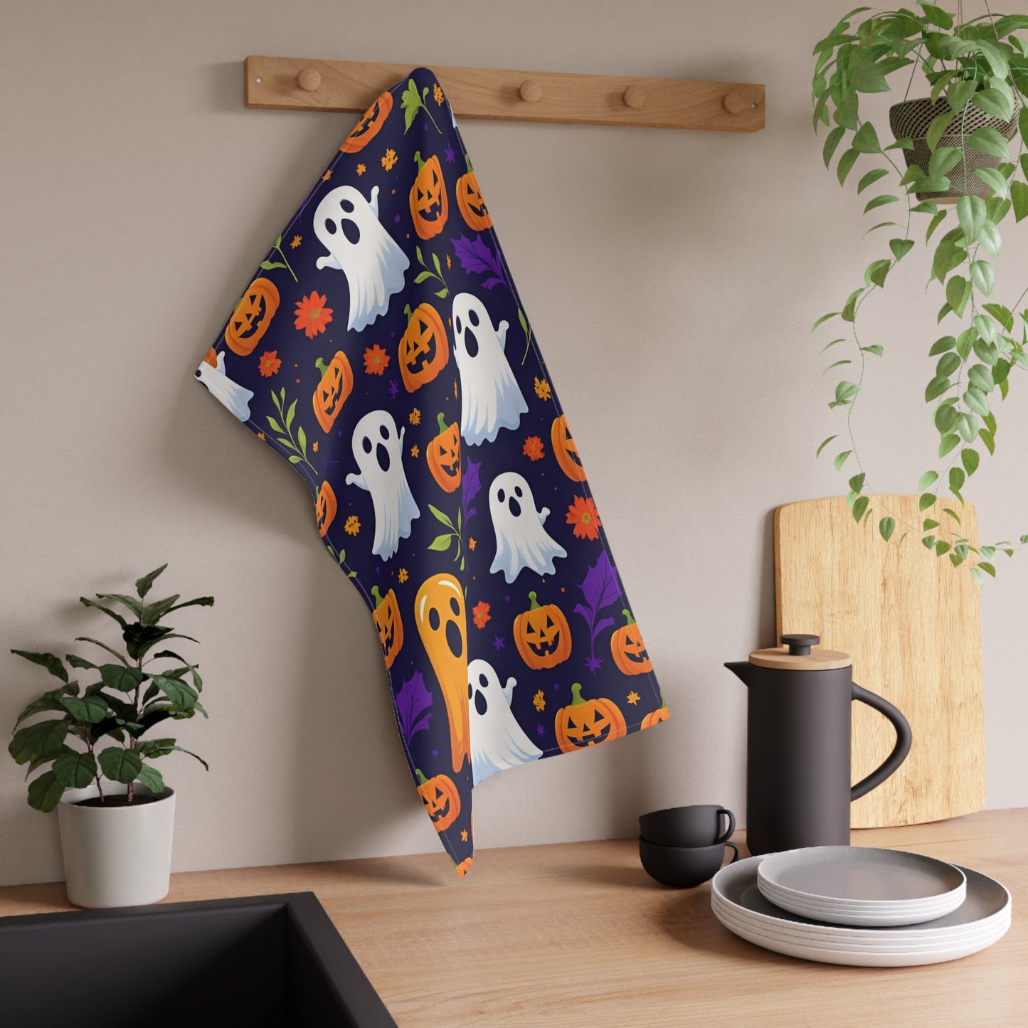 Playful Ghosts and Jack-O’-Lanterns Halloween Tea Towel – Navy Blue Floral Design