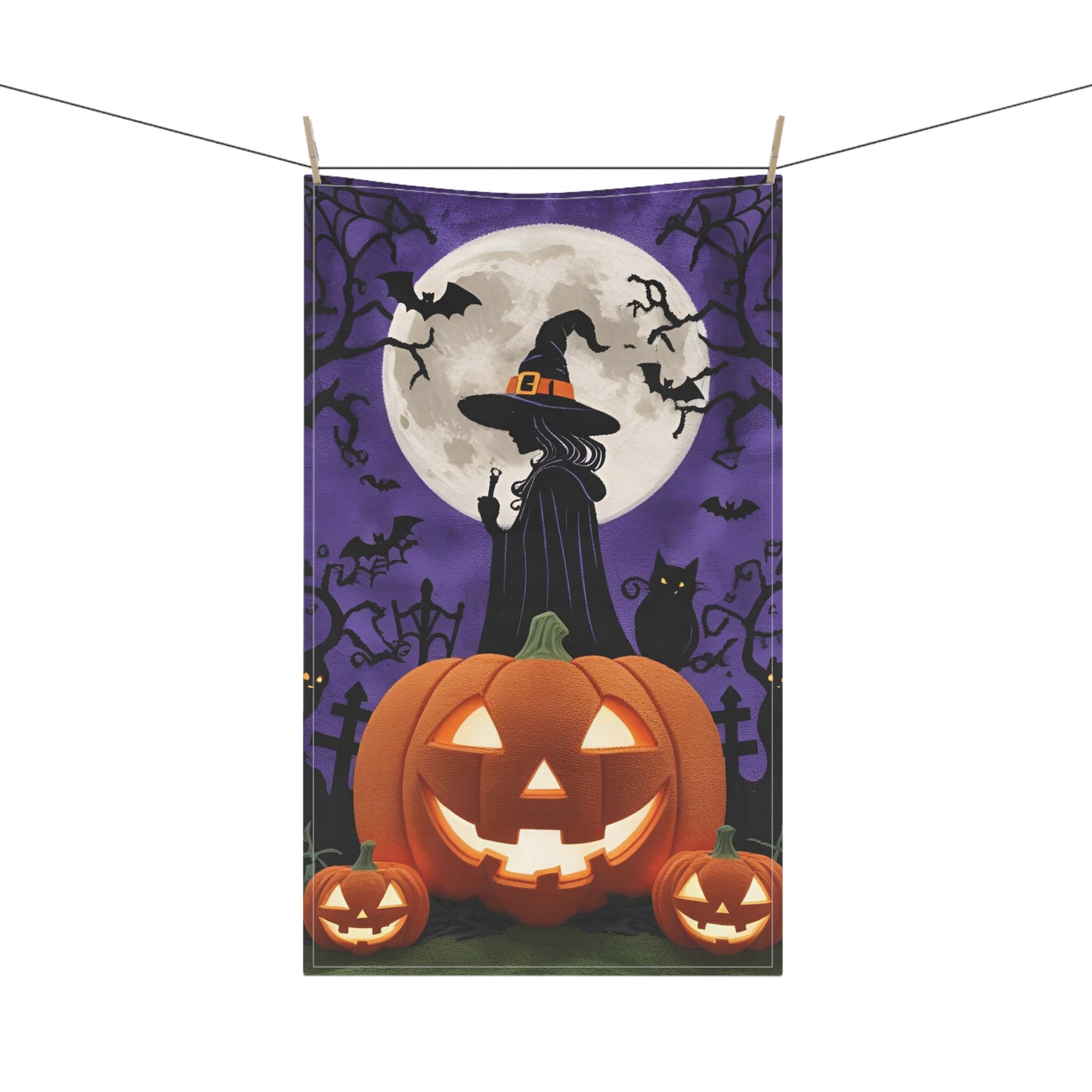 Witch and Jack-O’-Lantern Halloween Tea Towel – Spooky Purple Night Design