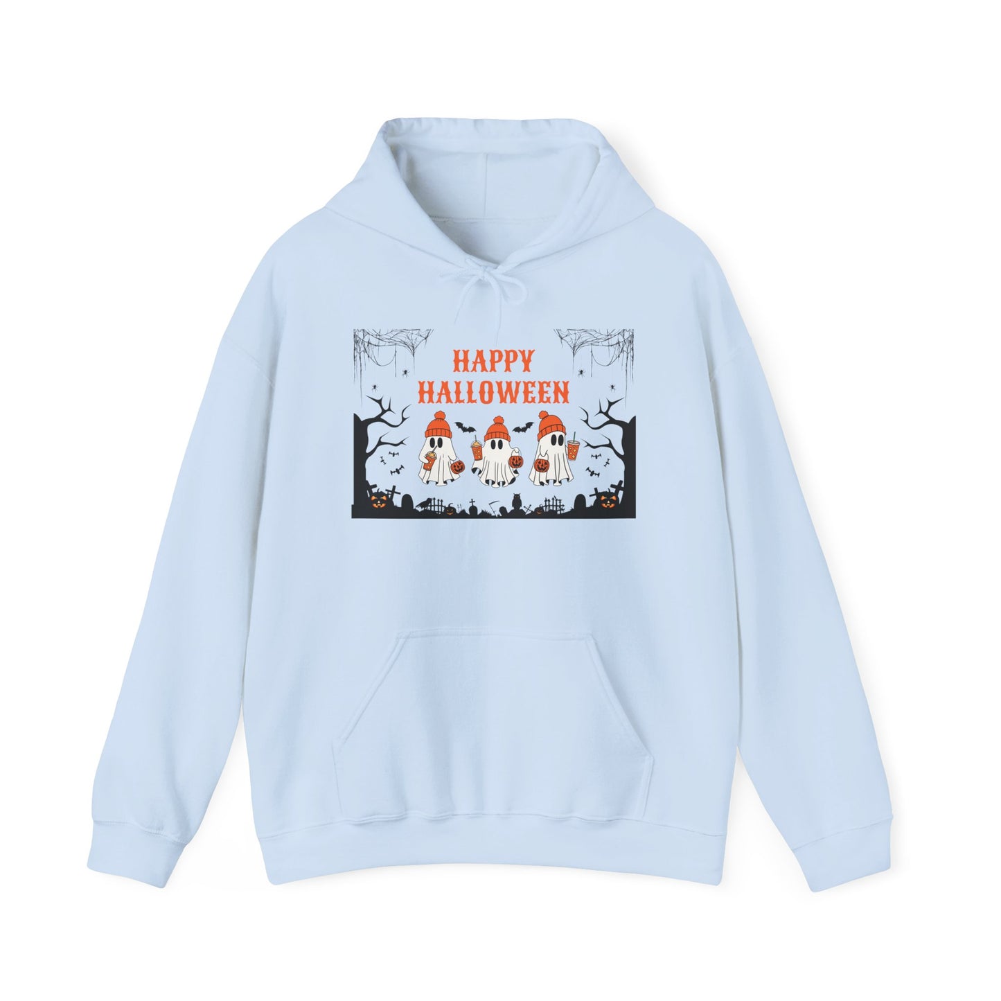 Happy Halloween” Ghost Hoodie – Pumpkin Parade in Haunted Forest