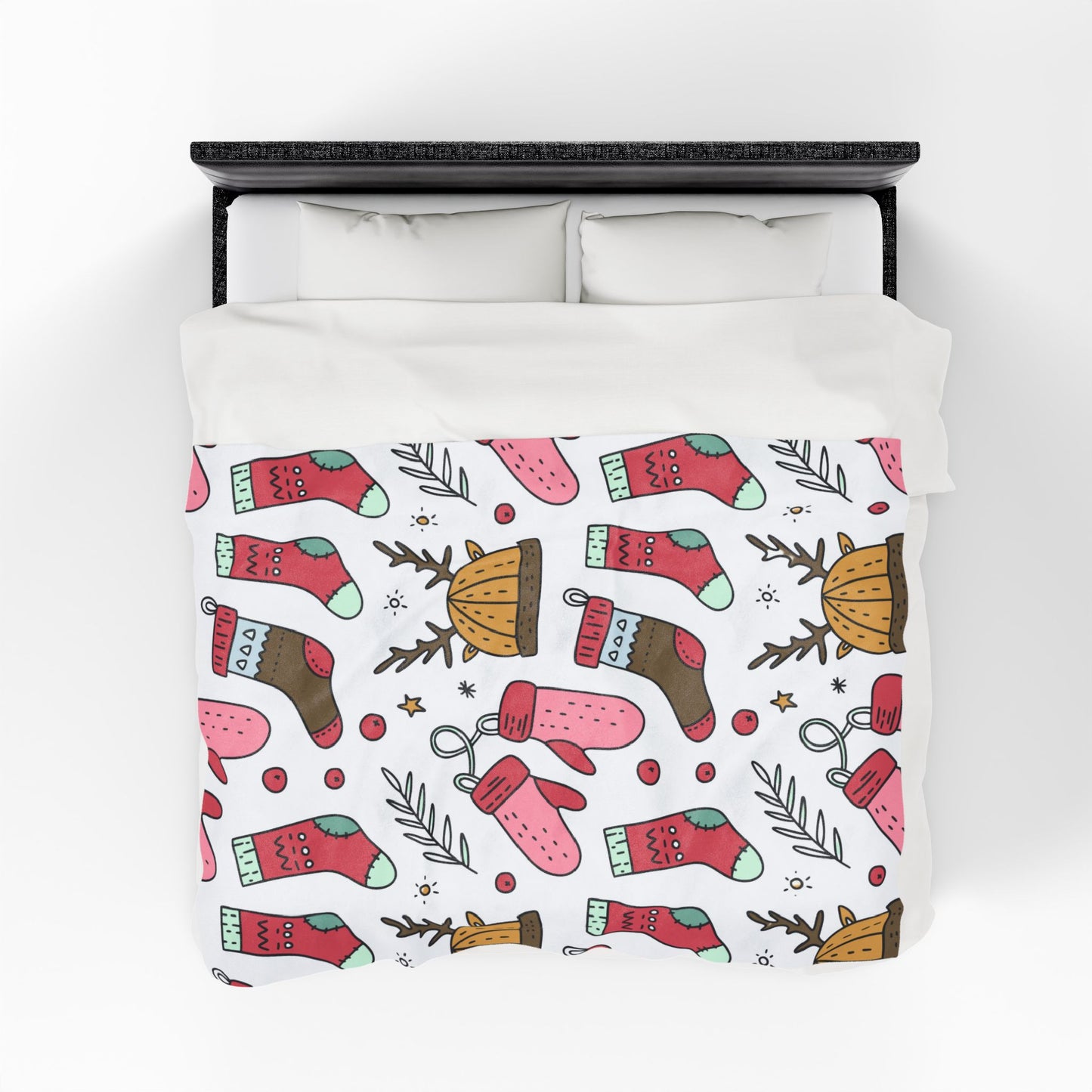 Holiday Print Velveteen Plush Blanket – Reindeer, Mittens & Stockings Design
