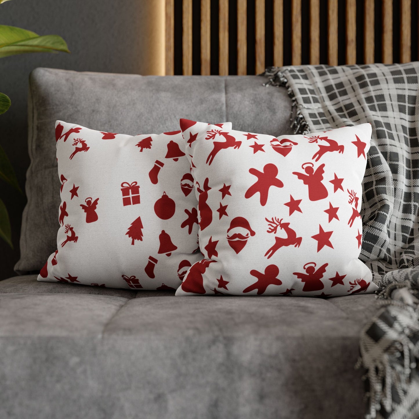 Red & White Christmas Throw Pillow - Holiday Icons Cushion Cover - Santa, Reindeer & Gingerbread Decorative Pillow - Festive Winter Home Decor