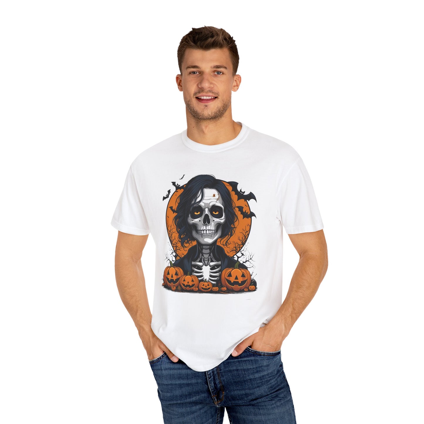 Haunted Skeleton Boy Halloween T-Shirt – Gothic Pumpkin Patch Graphic Tee, Spooky Undead Horror Shirt for Men & Women