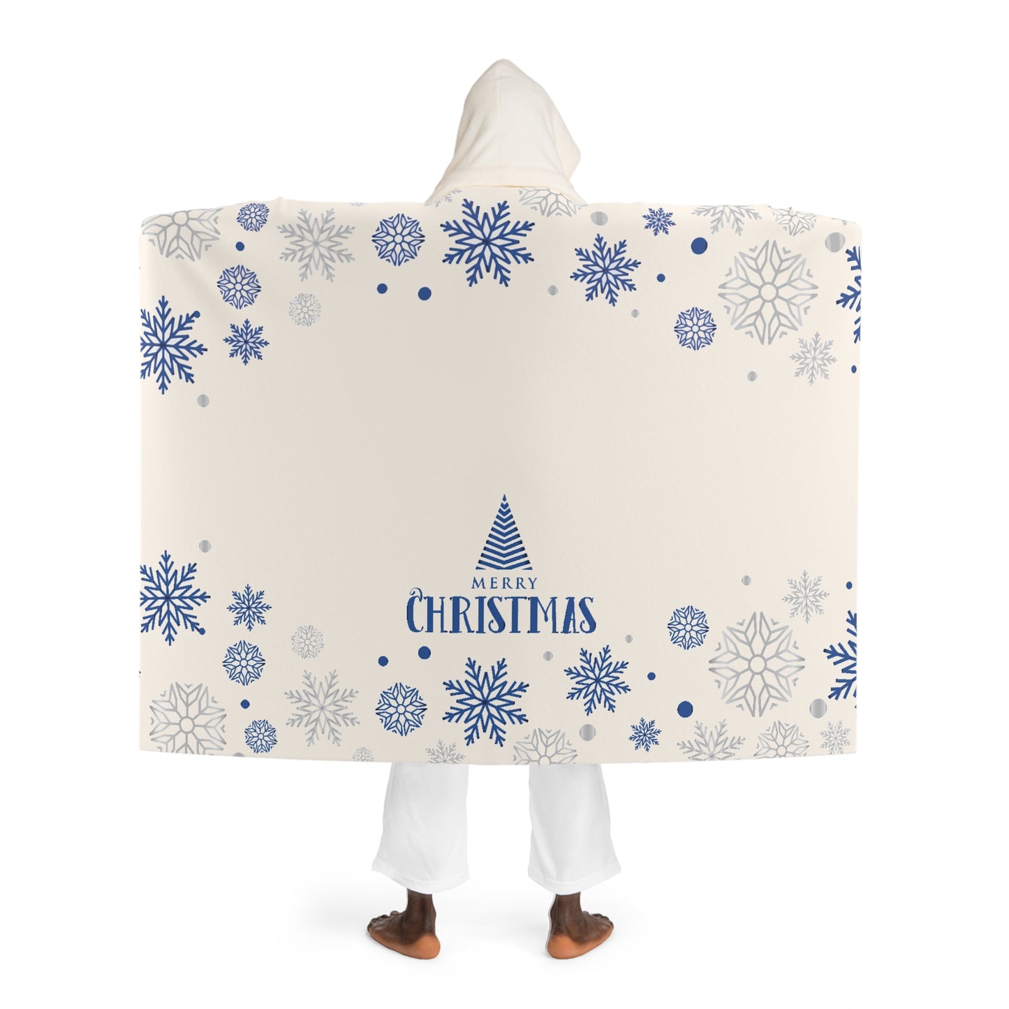 Sherpa Hooded Blanket – Cream with Blue Snowflakes & Christmas Tree – “Merry Christmas” Winter Gift