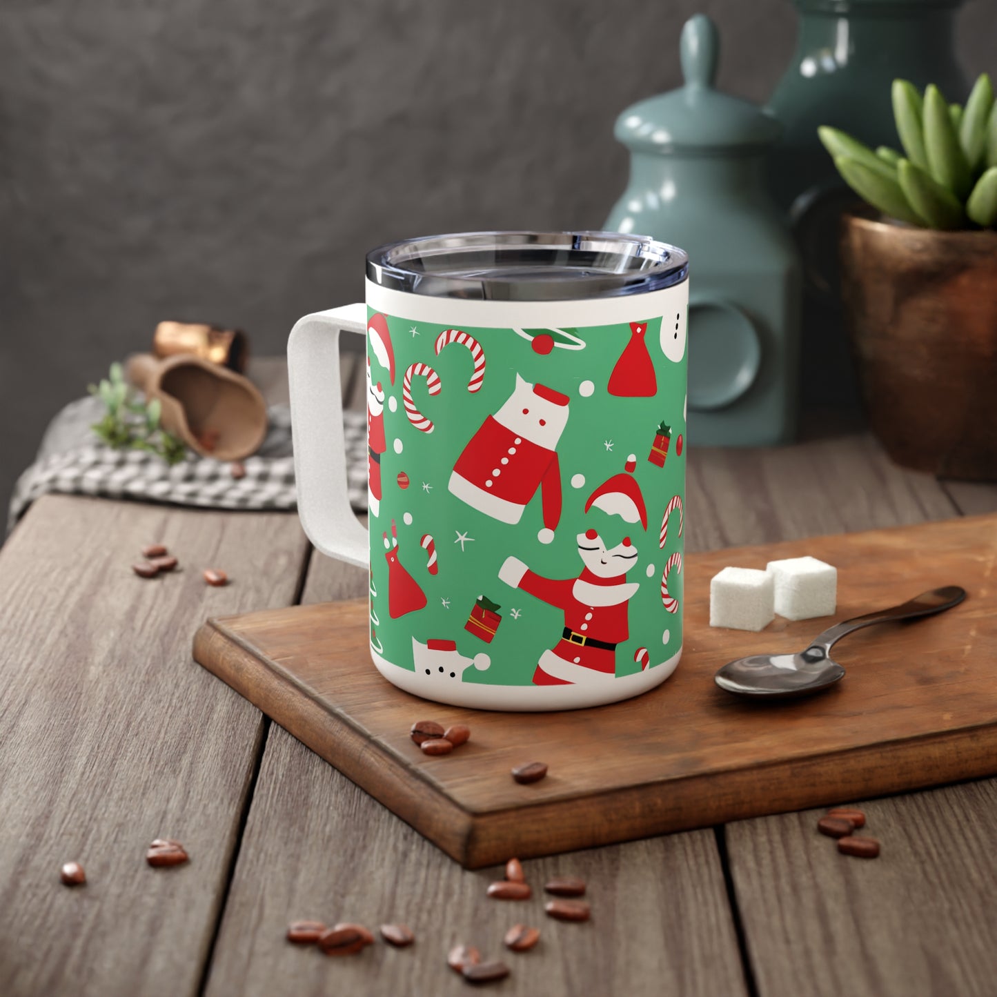 Christmas Insulated Coffee Mug 10oz – Stainless Steel Travel Tumbler with Clear Lid