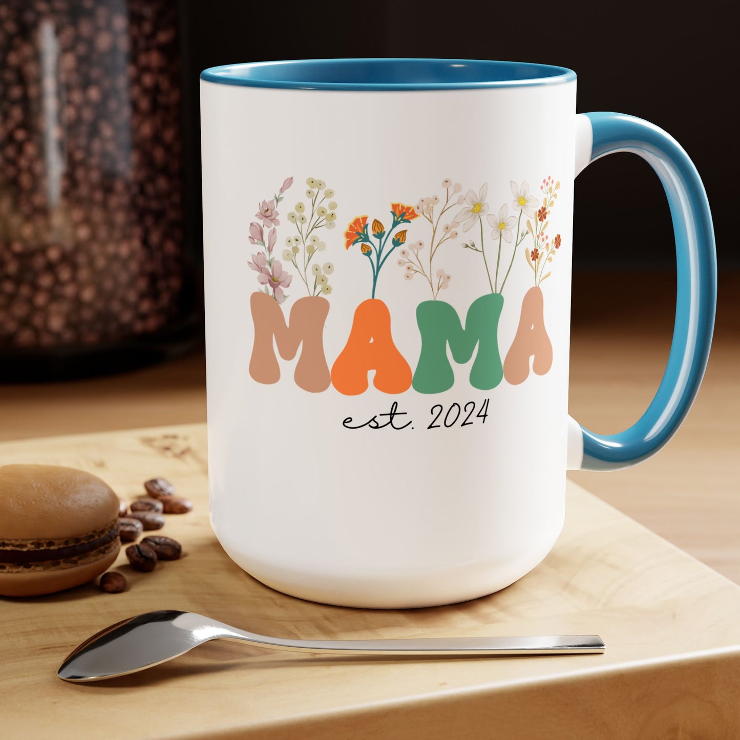 Mama est. Ceramic Coffee Mug – Boho Floral Personalized Mom Gift, 15oz
