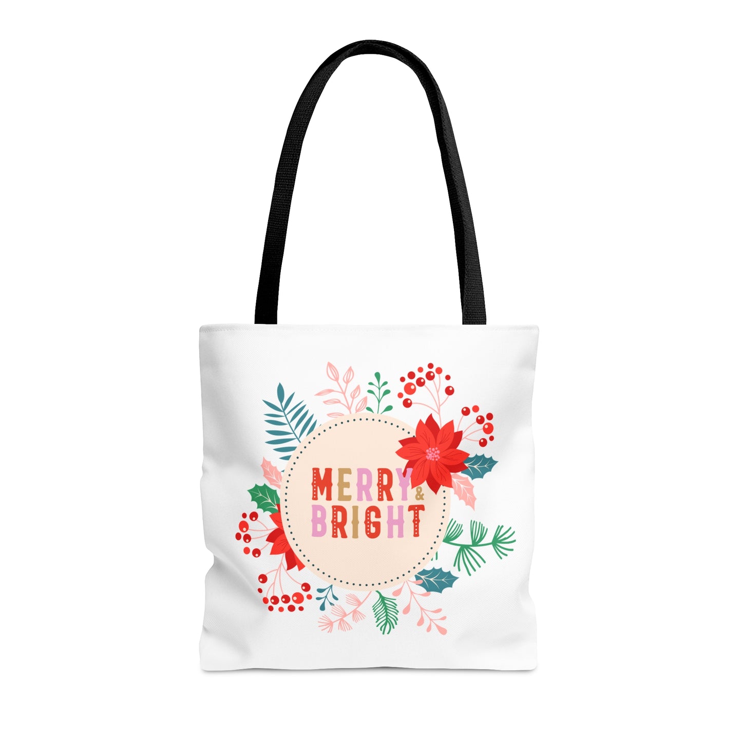 Tote Bag – MERRY & BRIGHT Floral Design – Gift for Christmas, Holiday Shopping, Winter Outings